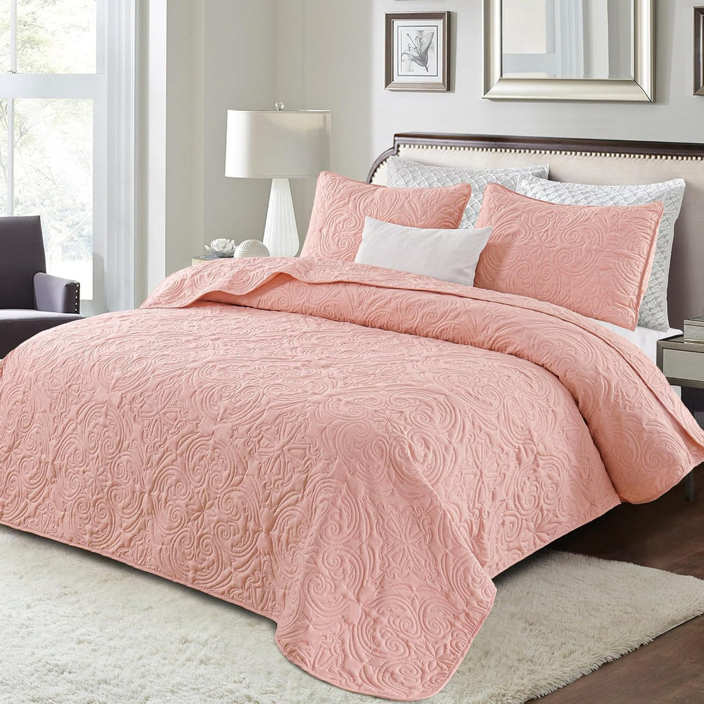 Quilts Queen Bedding Set with 2 Pillow Shams, Lightweight Blush Pink Full Queen Quilt Bedspread with Vintage Damask