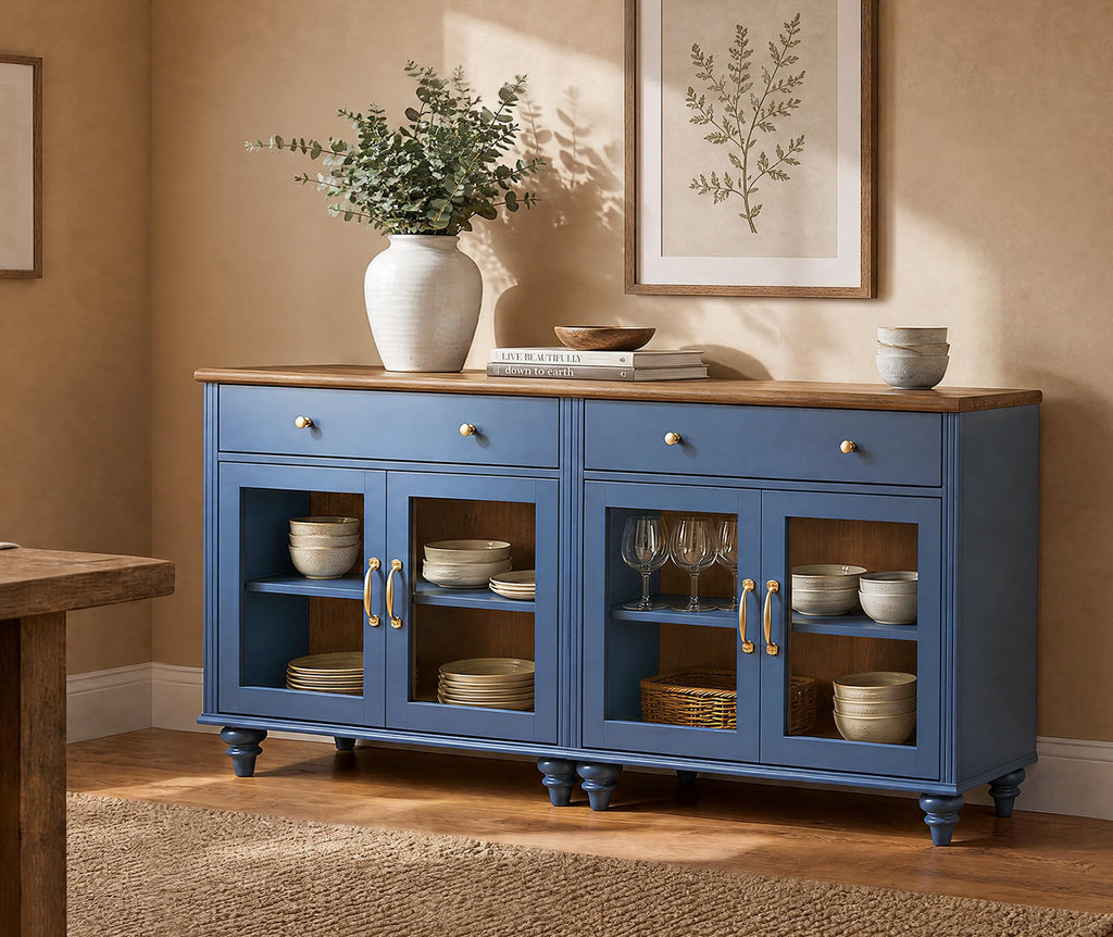 Sideboard Buffet Cabinets with 4 Glass Doors, Blue