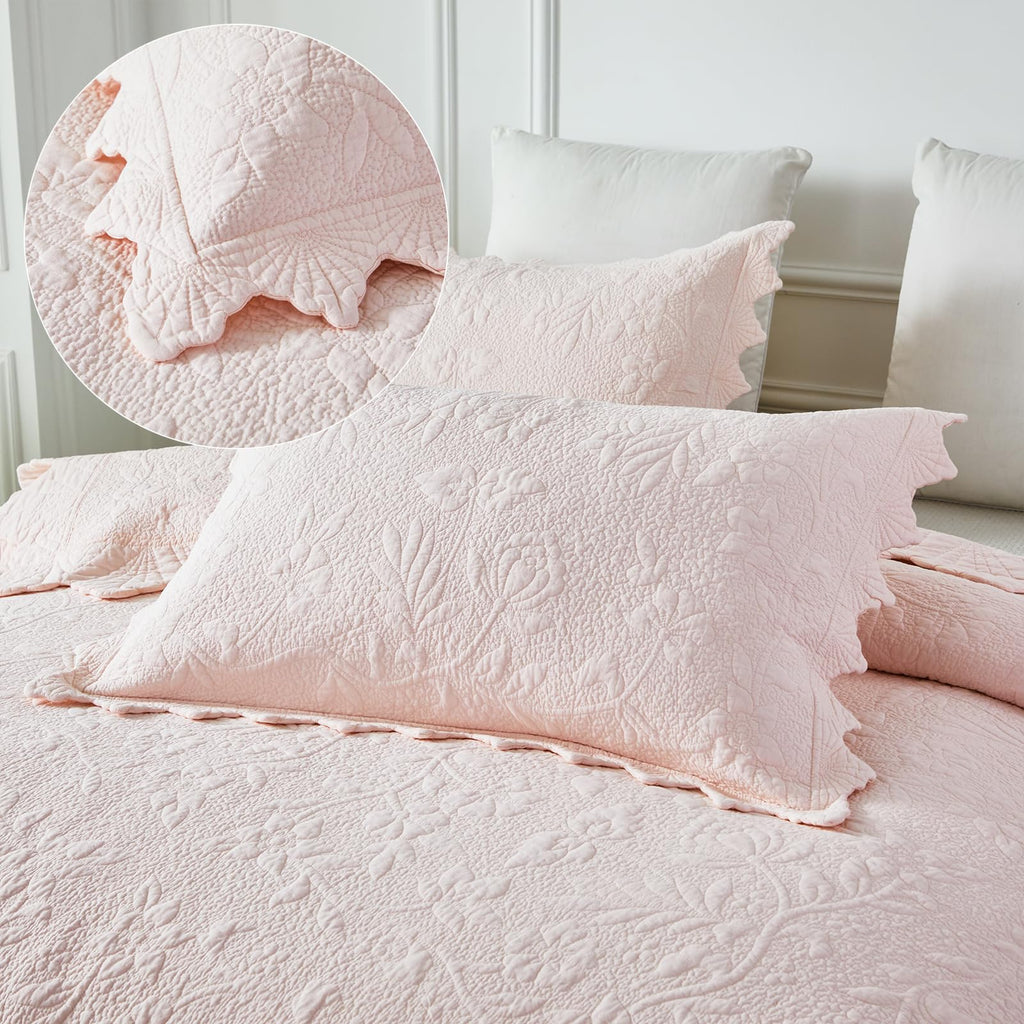 Pink Cotton Quilt Set Scalloped Matelasse Coverlet 2PC