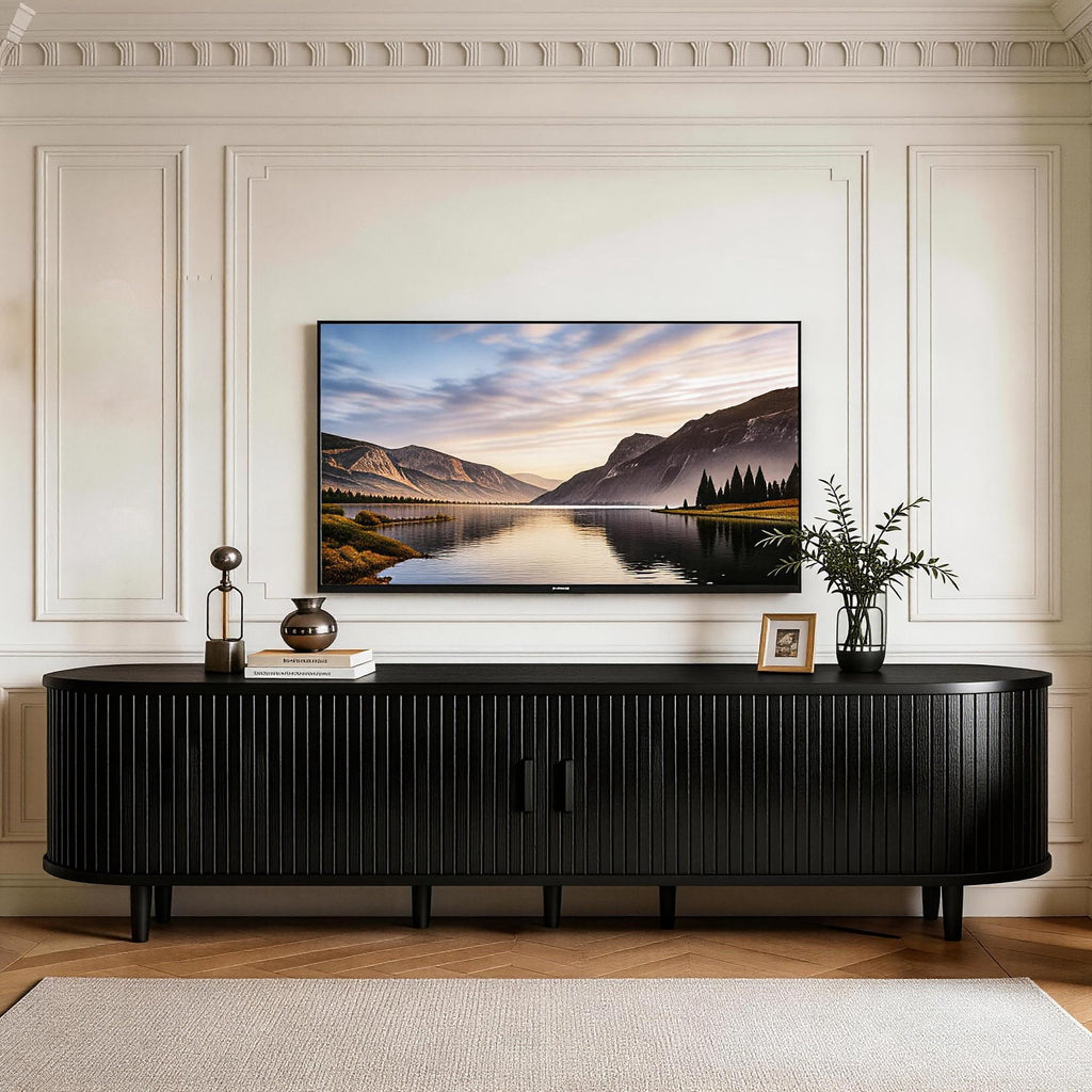 80" TV Stand with Sliding Doors, Mid Century Modern Entertainment Center, TV Console with Fluted Door Cabinets and