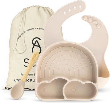 BPA-Free Non-Toxic Silicone Baby Plate Set - Piece Baby Led Weaning Starter Kit with Suction Divider Plate, Soft