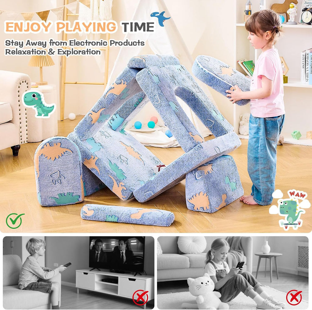 Dinosaur Modular Kids Play Couch for Toddlers 1-3, Glow-in-the-Dark