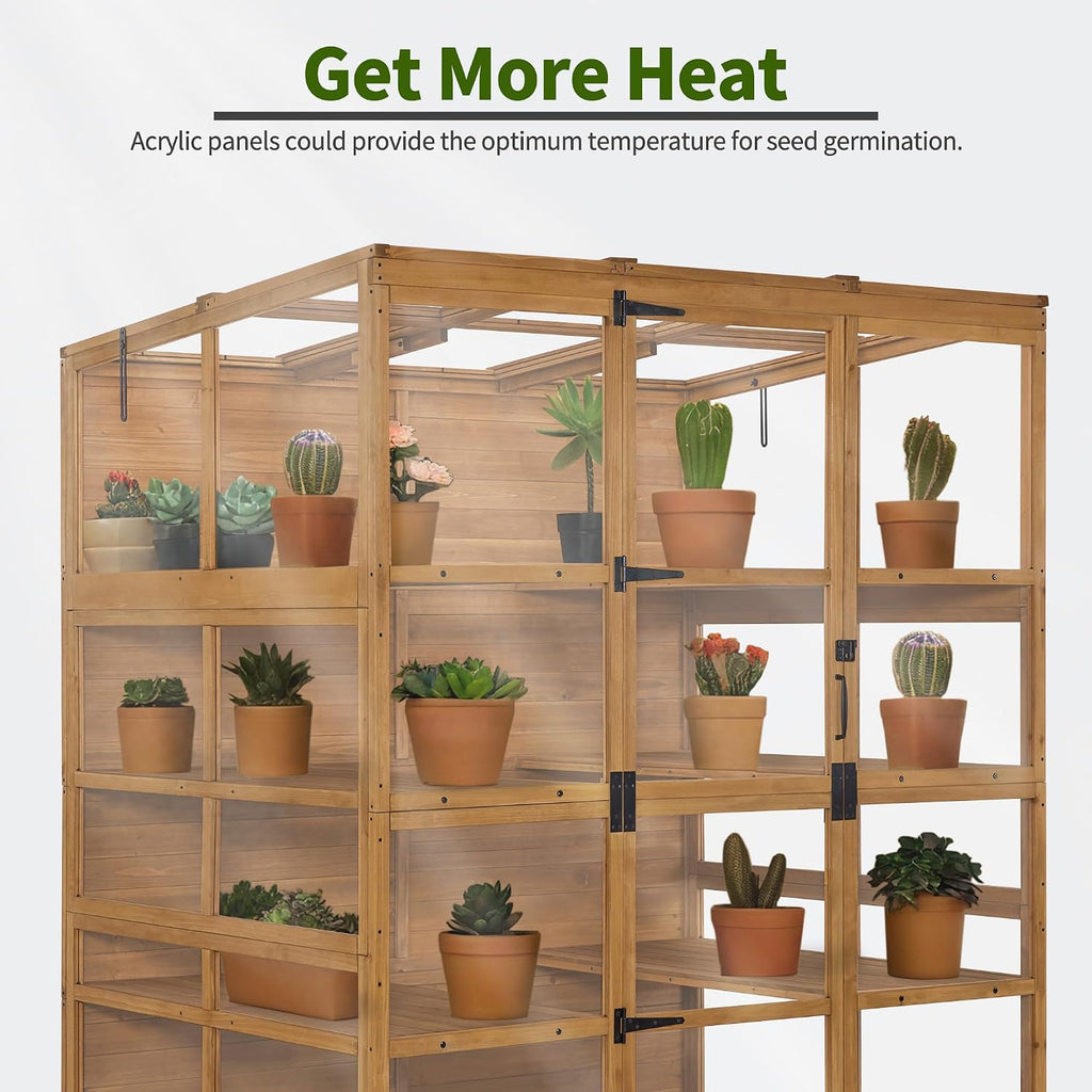 Macrout Wooden Walk-in Greenhouse with Acrylic Panels, Large Greenhouse Outdoor with Openable Roof Vents with