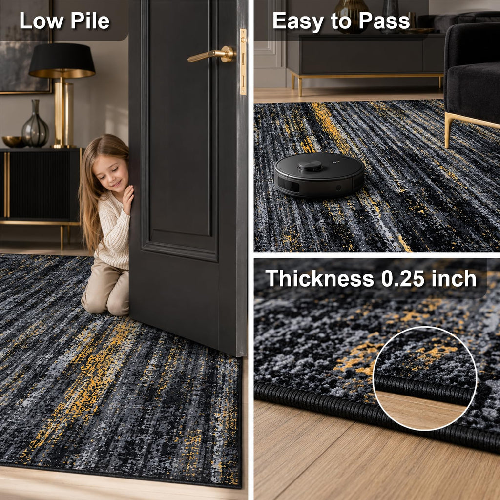 Washable Area Rug, Abstract Rug Black Gold