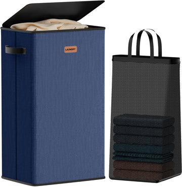 100L Laundry Basket with Lid, Dirty Clothes Hamper, Blue