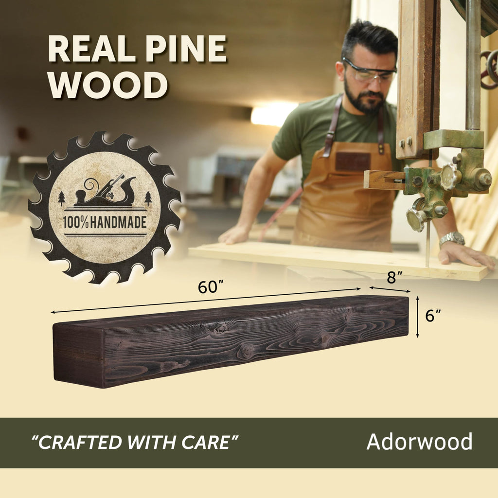 Handmade Rustic 60 Inch Fireplace Mantel Shelf, Dark Walnut 8Dx6H