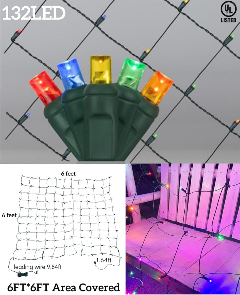 Led Christmas Net Lights for Bushes, 132LED 6FT x 6FT Connectable UL Certified Net Lights for Bushes Tree Shrubs Xmas