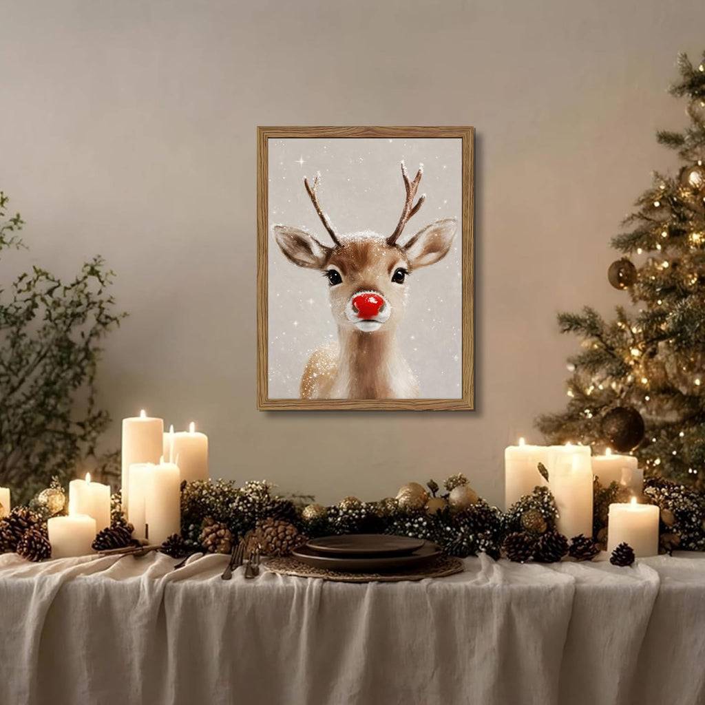 Vintage Christmas Wall Art, Farmhouse Red Nose Reindeer Canvas Wall Decor Painting, Rustic Winter Cute Deer Artwork