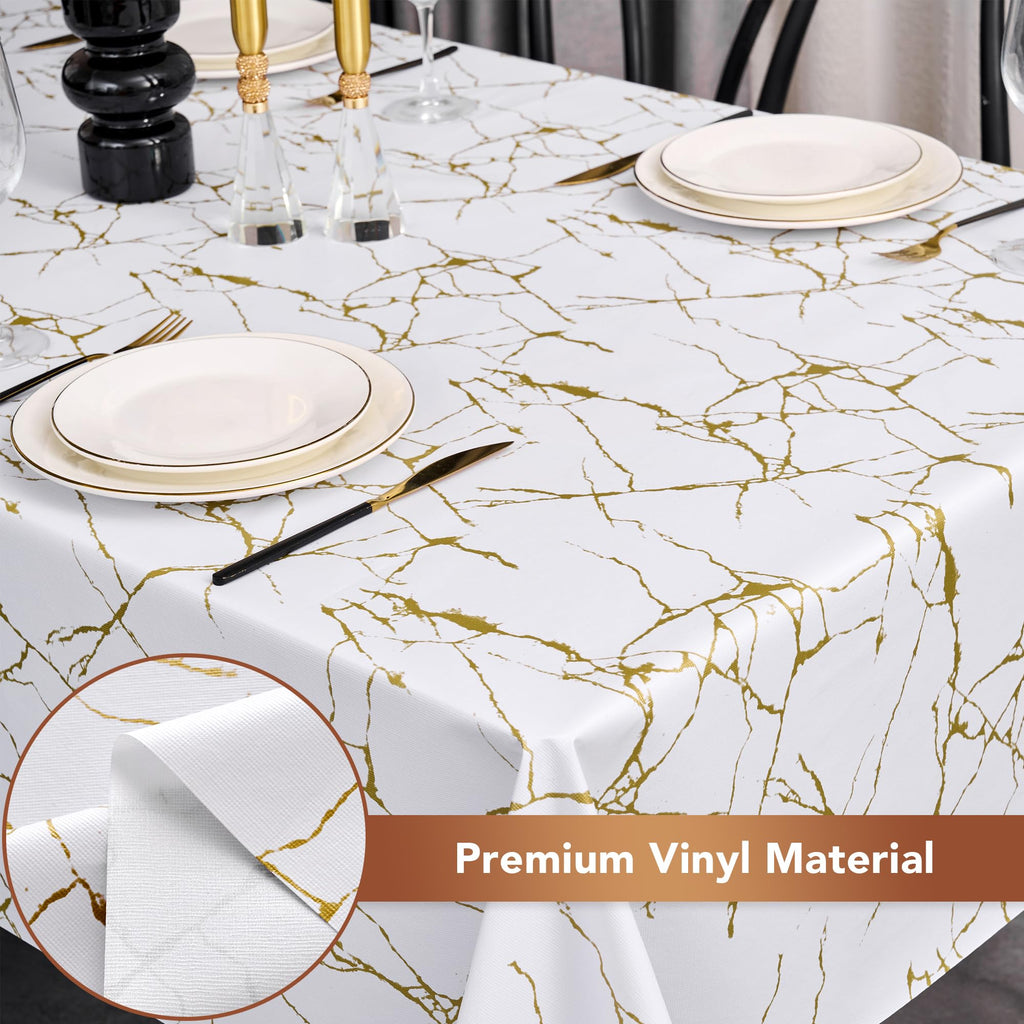 100% Waterproof Vinyl Tablecloth 54x78 Inch Rectangle, White Marble