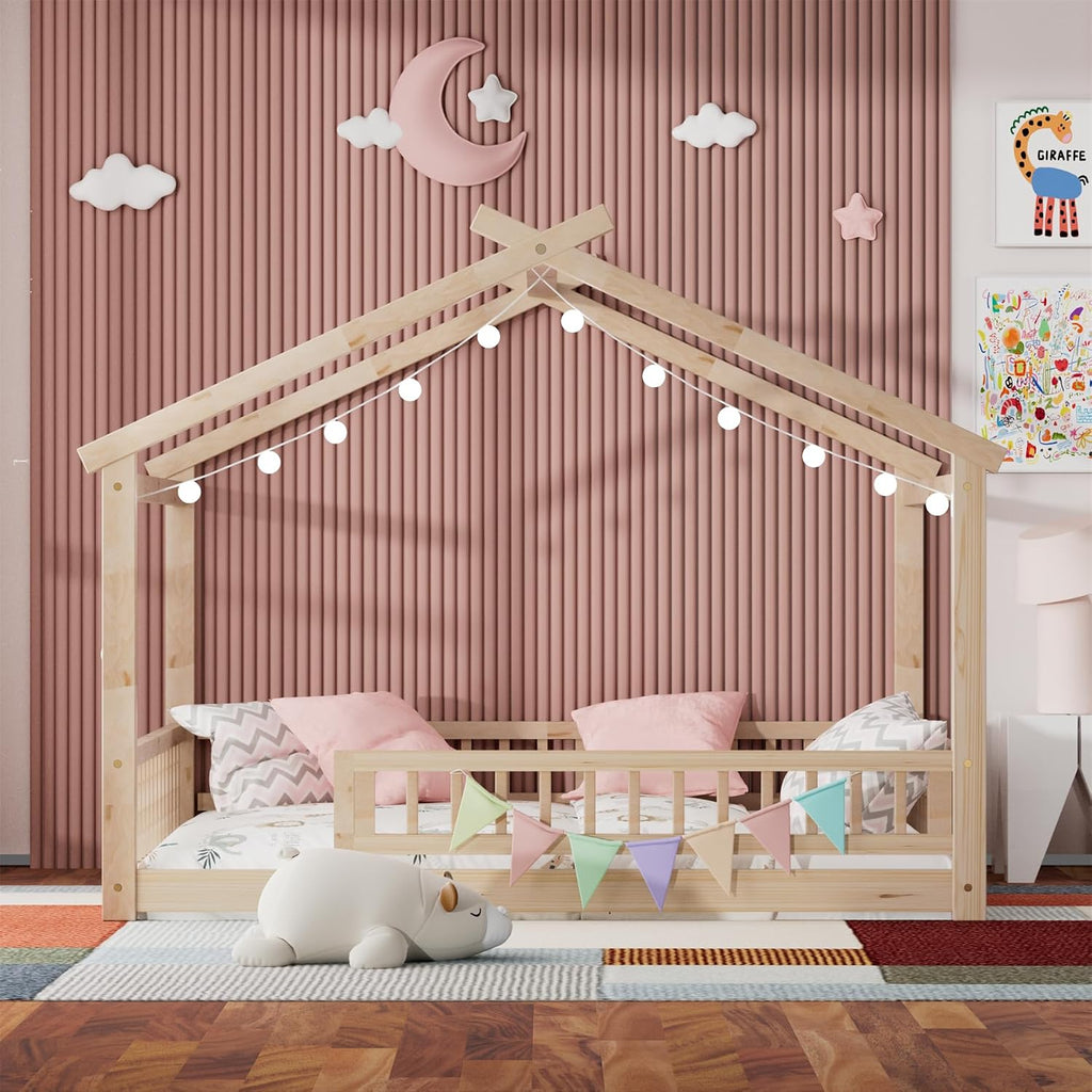Full Size House Bed with Fence, Wooden Montessori Bed with Slats Support, Floor Bed Frame for Boys Girls Bedroom