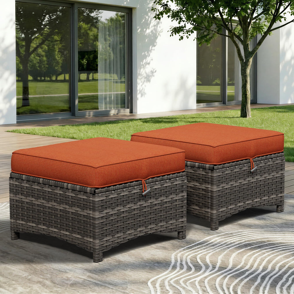 Patio Ottomans Set of 2, 22"x 22"x 18" Outdoor Wicker Footstool with Cushion, Orange, for Garden, Backyard, Deck