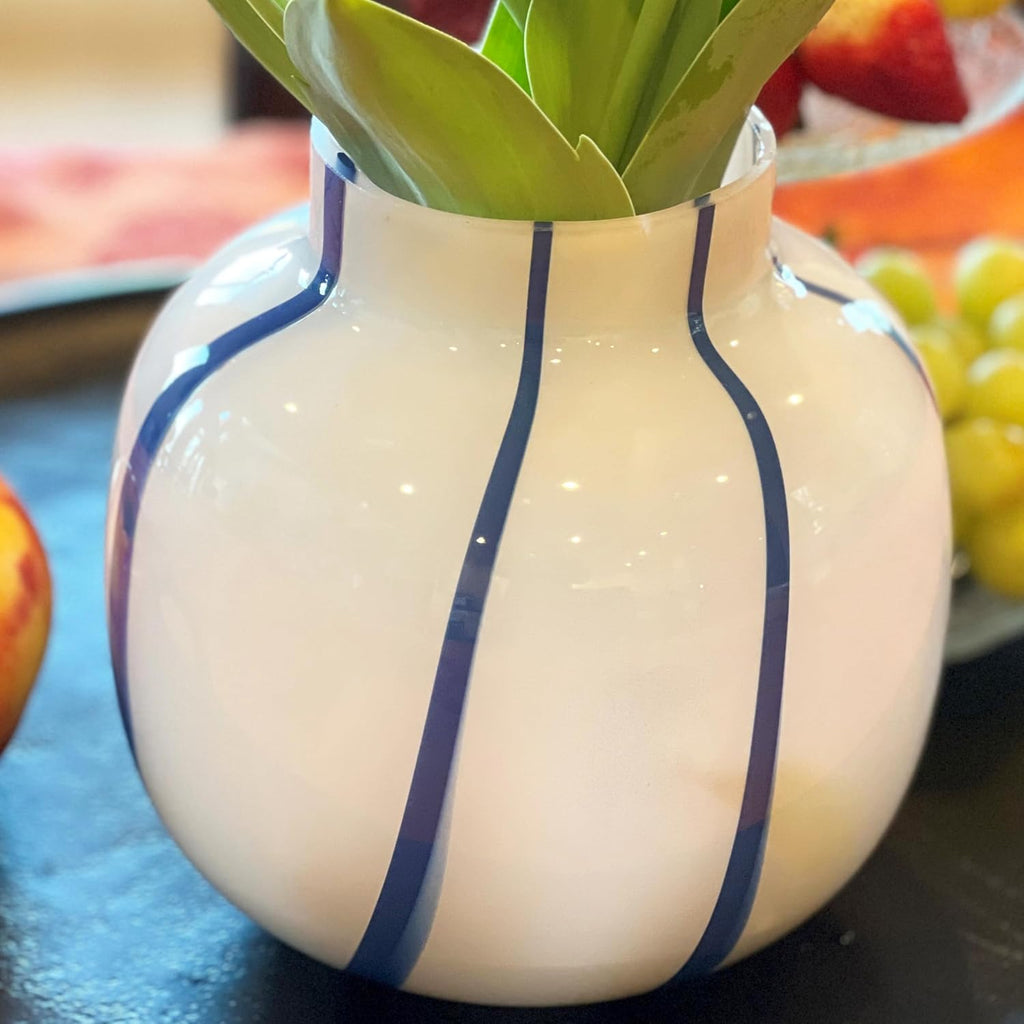 Coastal Blue and White Round Vase, Pomegranate Shape, Stripes, Glass, 7 Inches, Murano Style