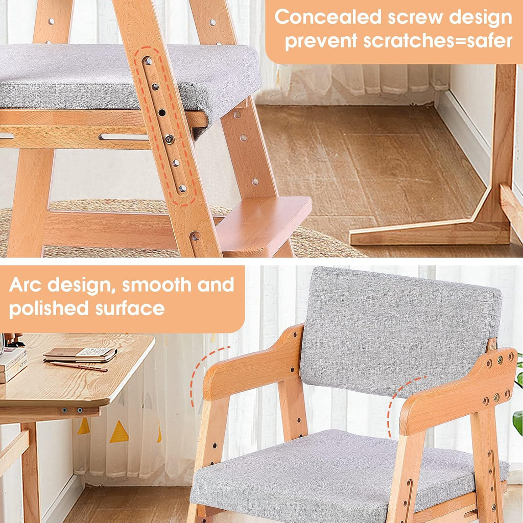 Wooden High Chair for Toddlers to Teens Adjustable Kids Learning Chair with Steps, Child Seats with Removable Cushion