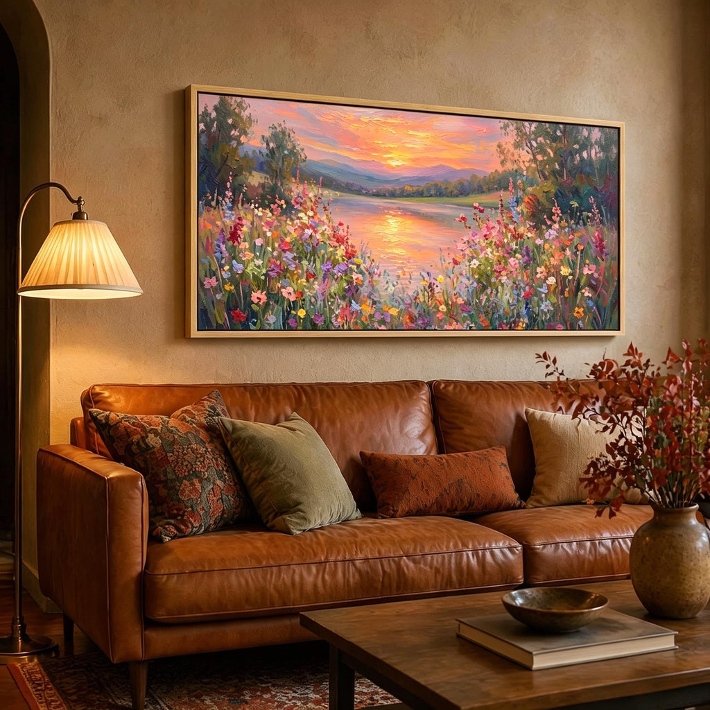 Large Floral Landscape Wall Art Wildflower Meadow Lake Sunset Painting Picture Colorful Botanical Flower Nature