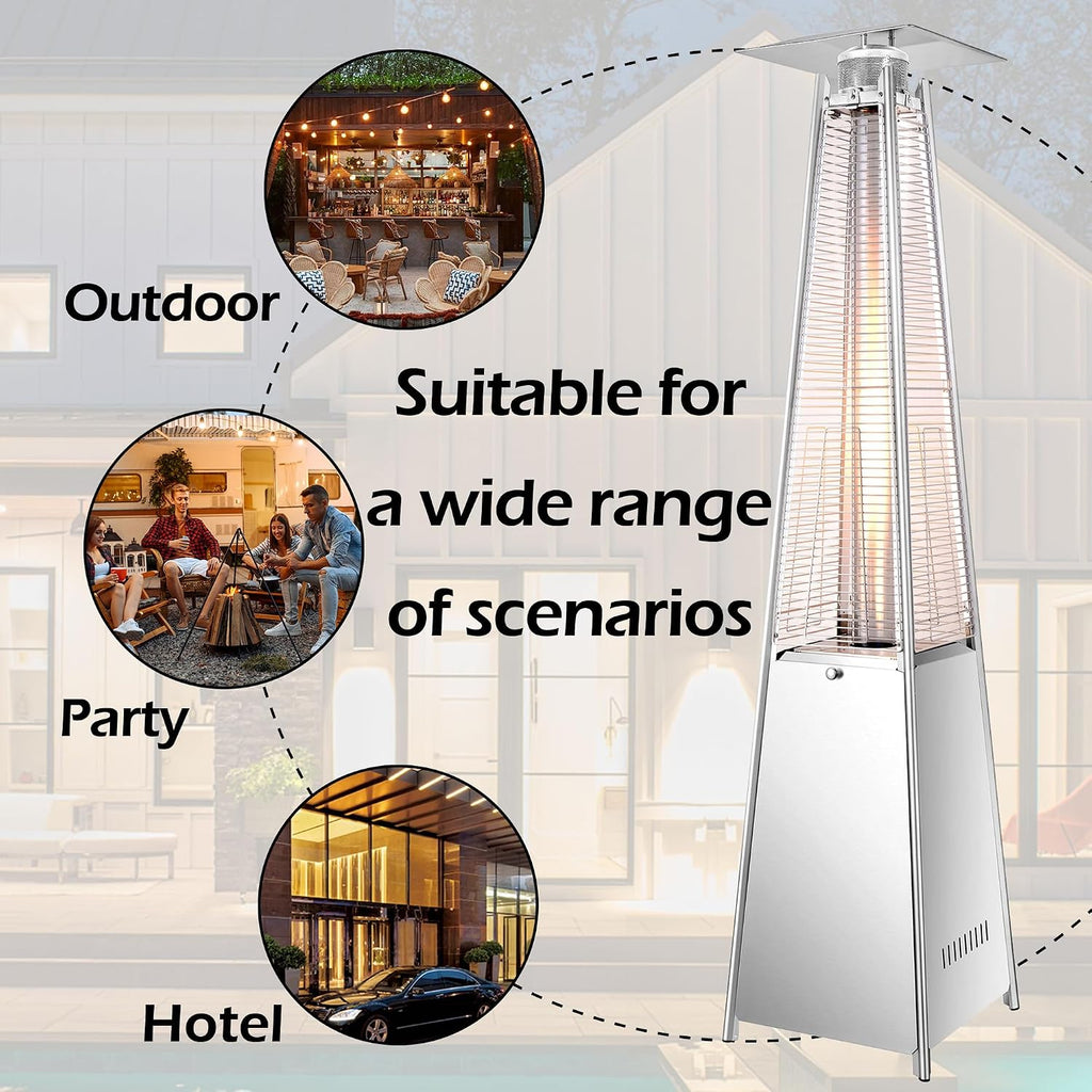 42,000 BTU Pyramid Patio Heater, Outdoor Propane Heater with Quartz Glass Flame Tube, Stainless Steel Patio Heater
