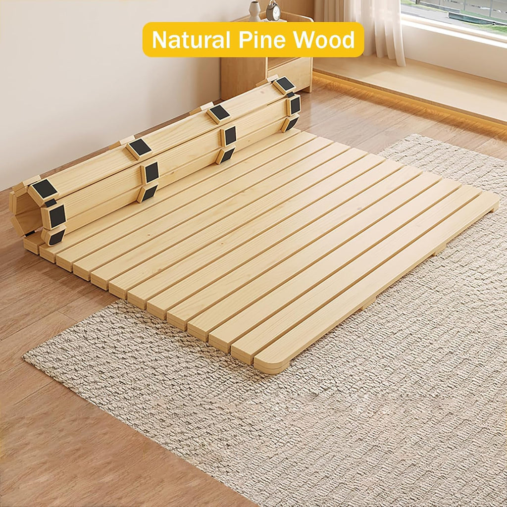 Folding Bed Frame, Solid Wood Japanese Platform Bed, Roll-Up Slatted Design, 79" L x 39.4" W, Minimalist Wooden