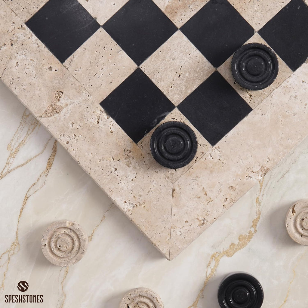 Marble Checkers Set 15 Inch Handmade Travertine & Black