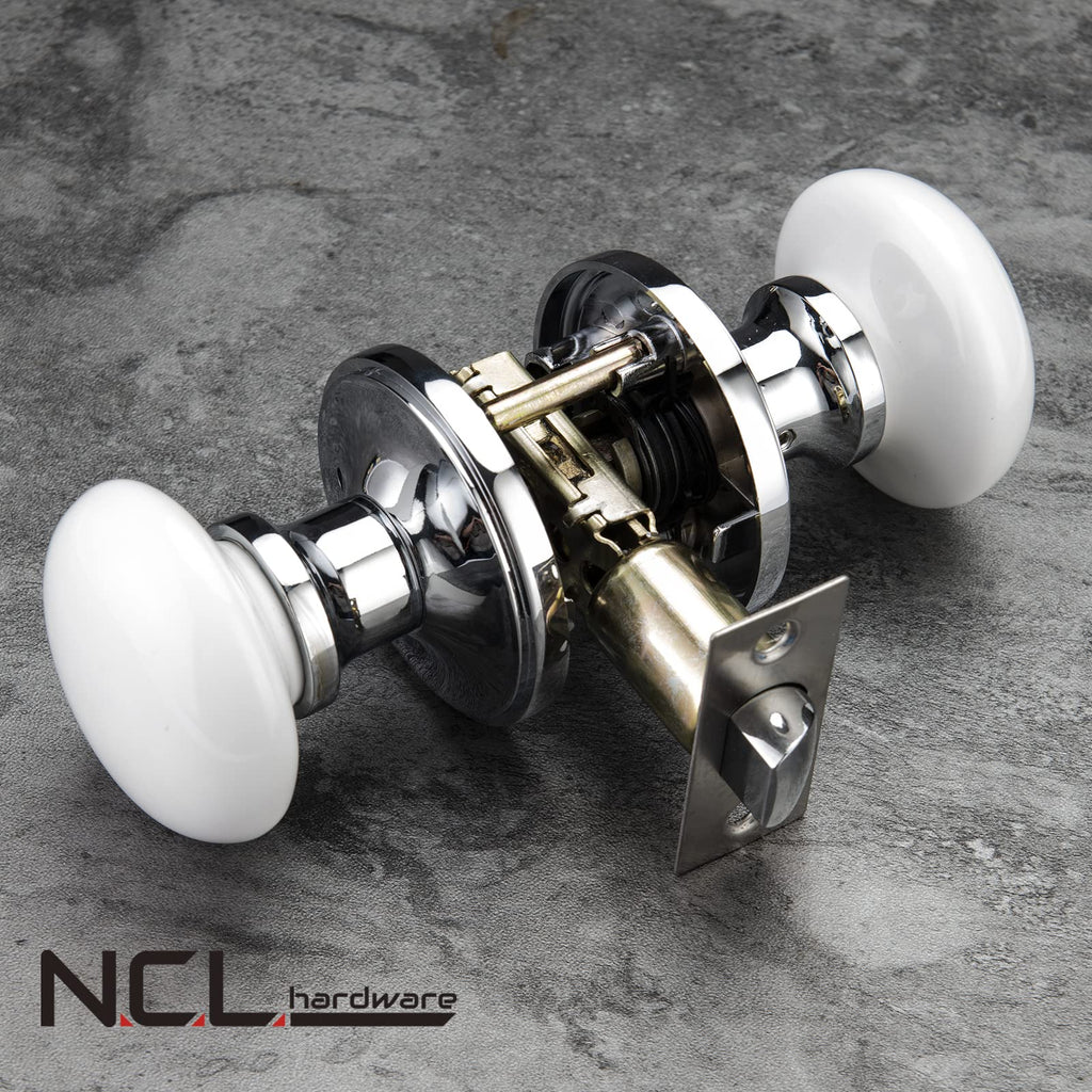 NCL White Door Knob, Porcelain Round Door Handle with Polished Chrome Plate