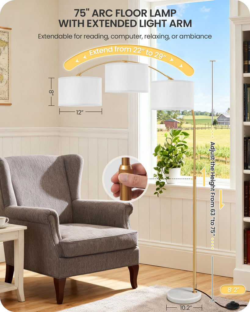75" Dimmable Gold Arc Lamp with Marble Base, Adjustable Height, White Shade