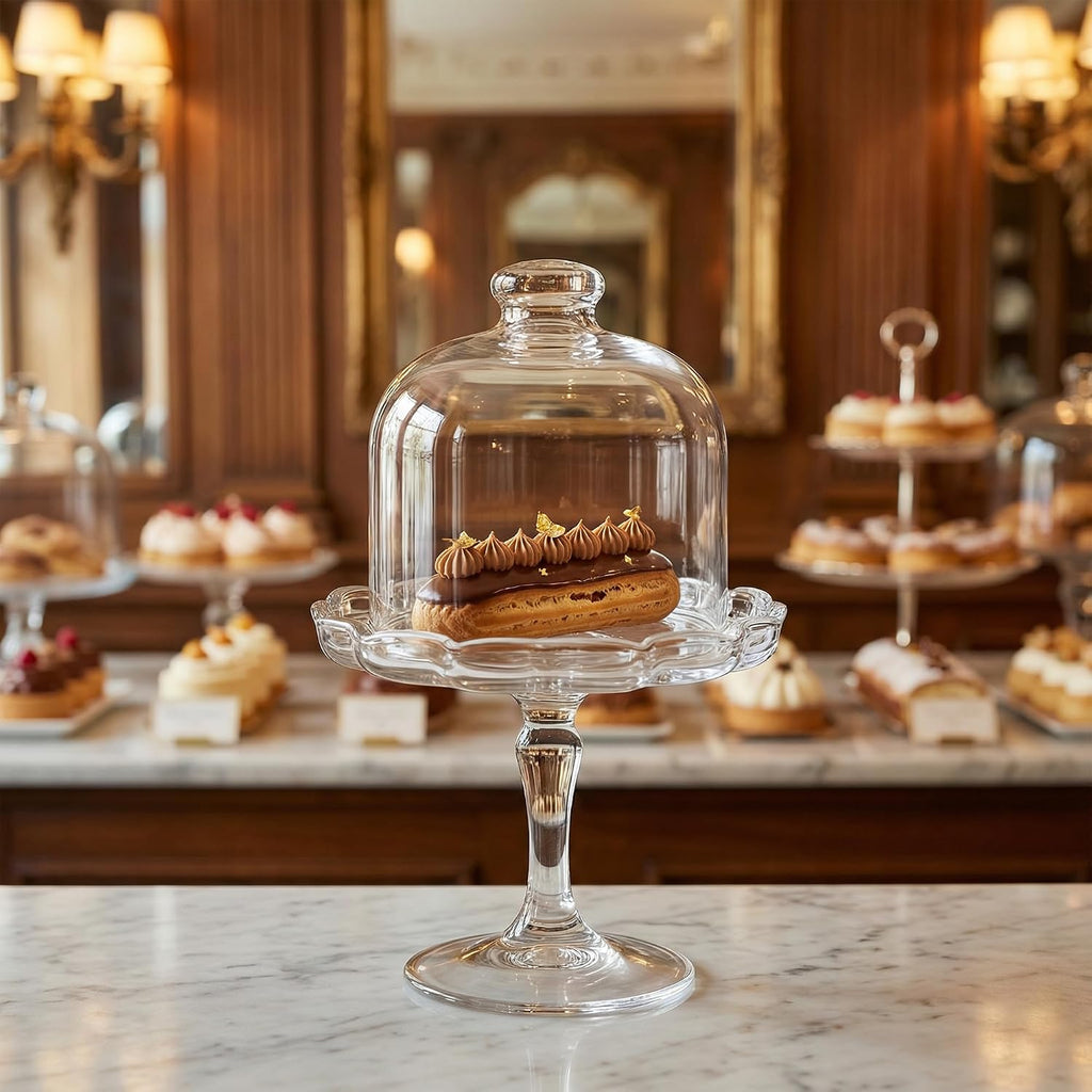 Glass Mini Cake Stand with Clear Dome Lid, Elegant Pedestal Cupcake Stand, Clear Glass Cake Dome for Cake Storage