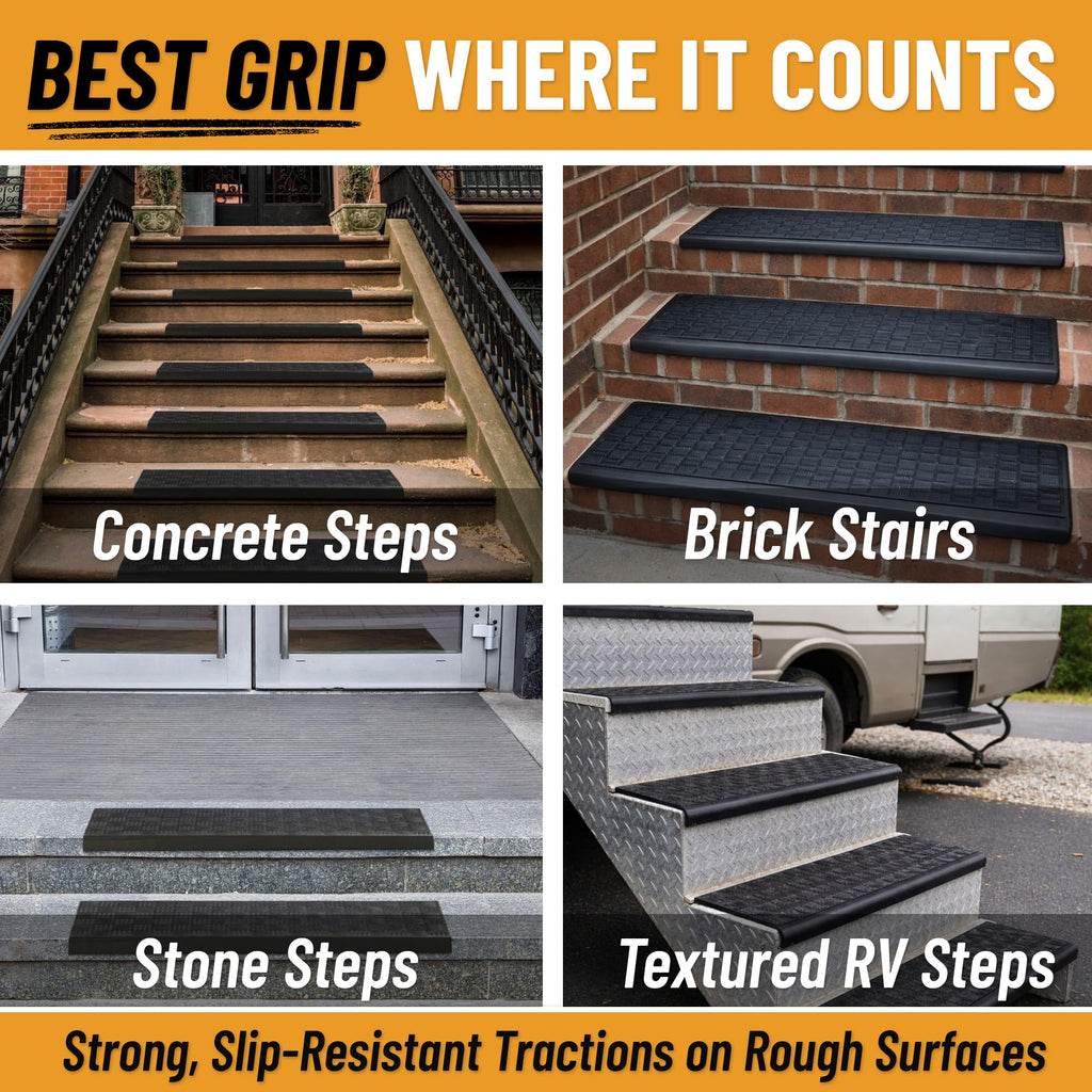 Bullnose Outdoor - Ribbed Heavy-Duty Non-Slip Stair Mats - Best Grip on Concrete, Brick & Textured Step - Fastening