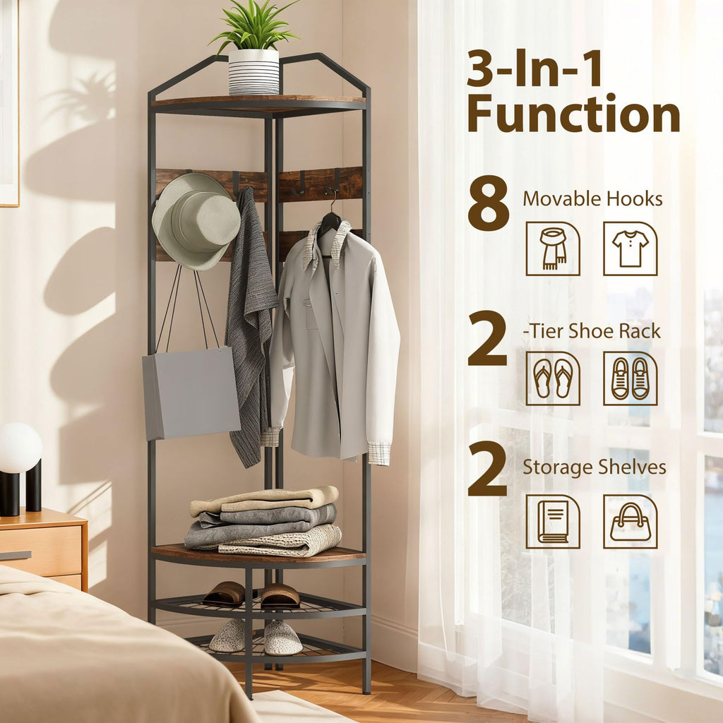 Corner Hall Tree, 4-Tier Coat Rack with Shoe Storage, Rustic Brown