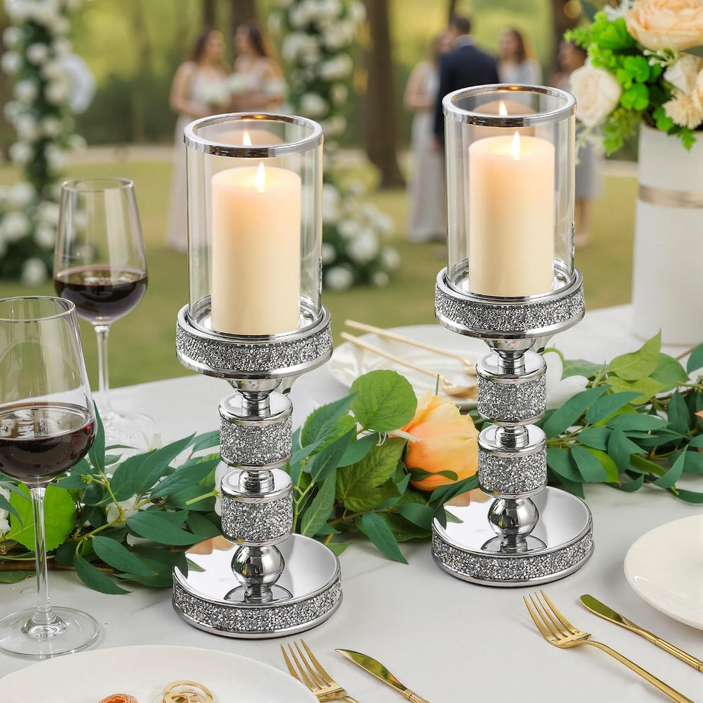 Hurricane Candle Holder, 13.5" Tall Metal Candle Stand, Glass Pillar Candle Holders, Crystal Silver Decorative