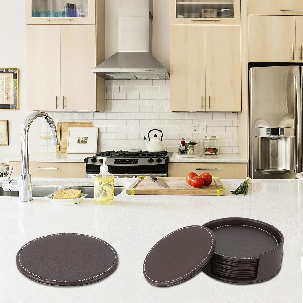 Round Leather Coasters for Drinks with Holder, 4" (Brown) - Set of 6