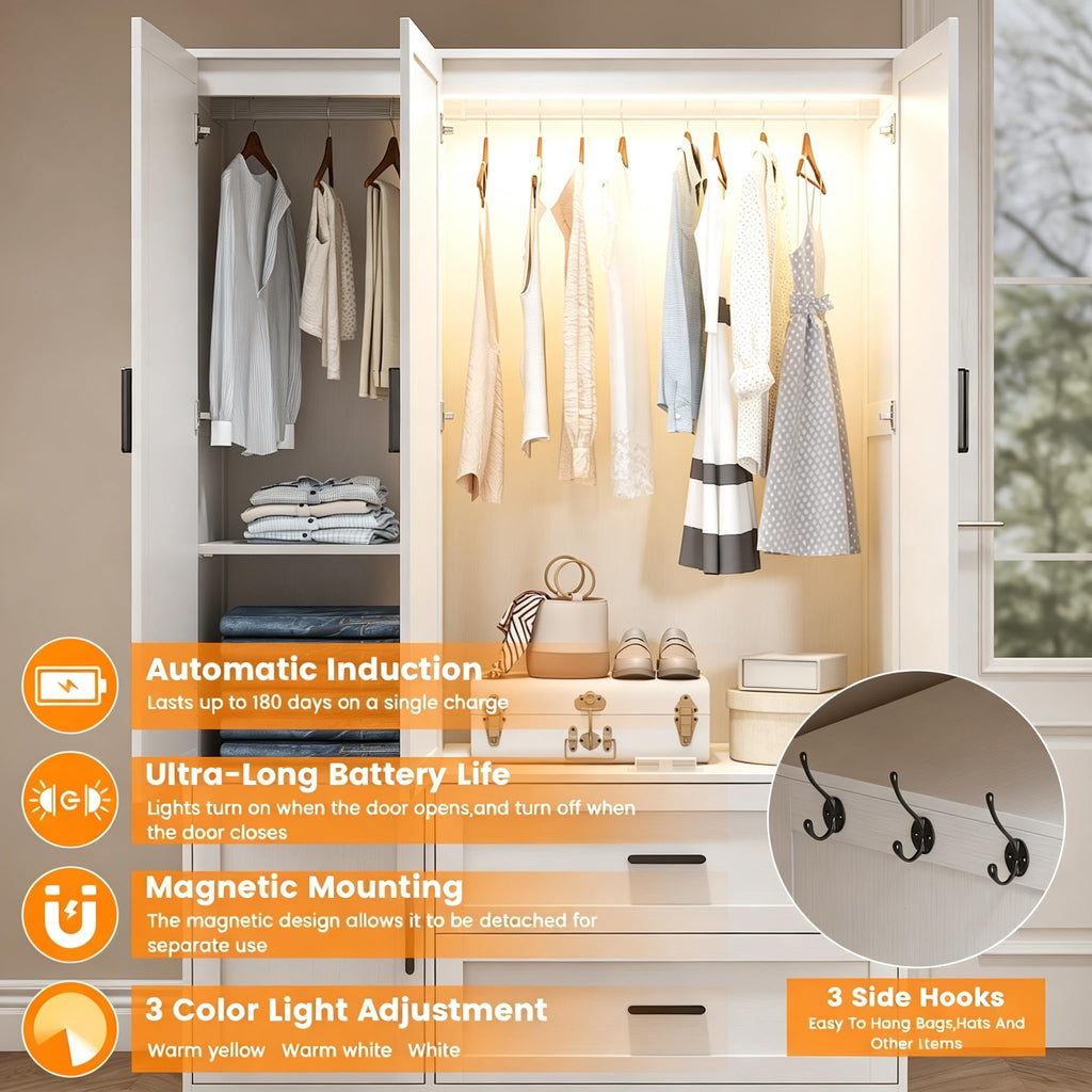 3 Doors Armoire Wardrobe with Motion Sensor LED Lights
