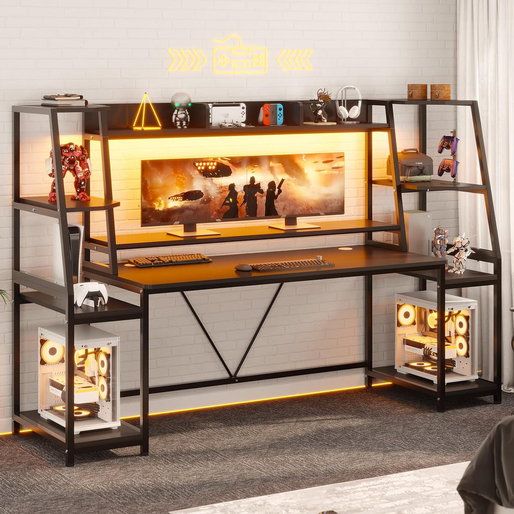 79'' Gaming Desk with LED Lights, Hutch and Storage Shelves, Black | Computer Desk with Monitor Stand, Large PC Gamer
