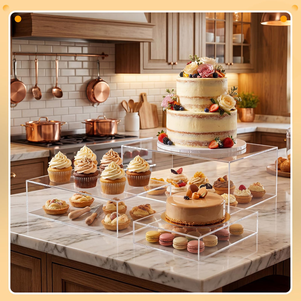 3 Pack Extra Large Acrylic Risers - 14", 12", 10" Clear Display Stands with Hollow Bottoms, Cube Buffet Riser Boxes