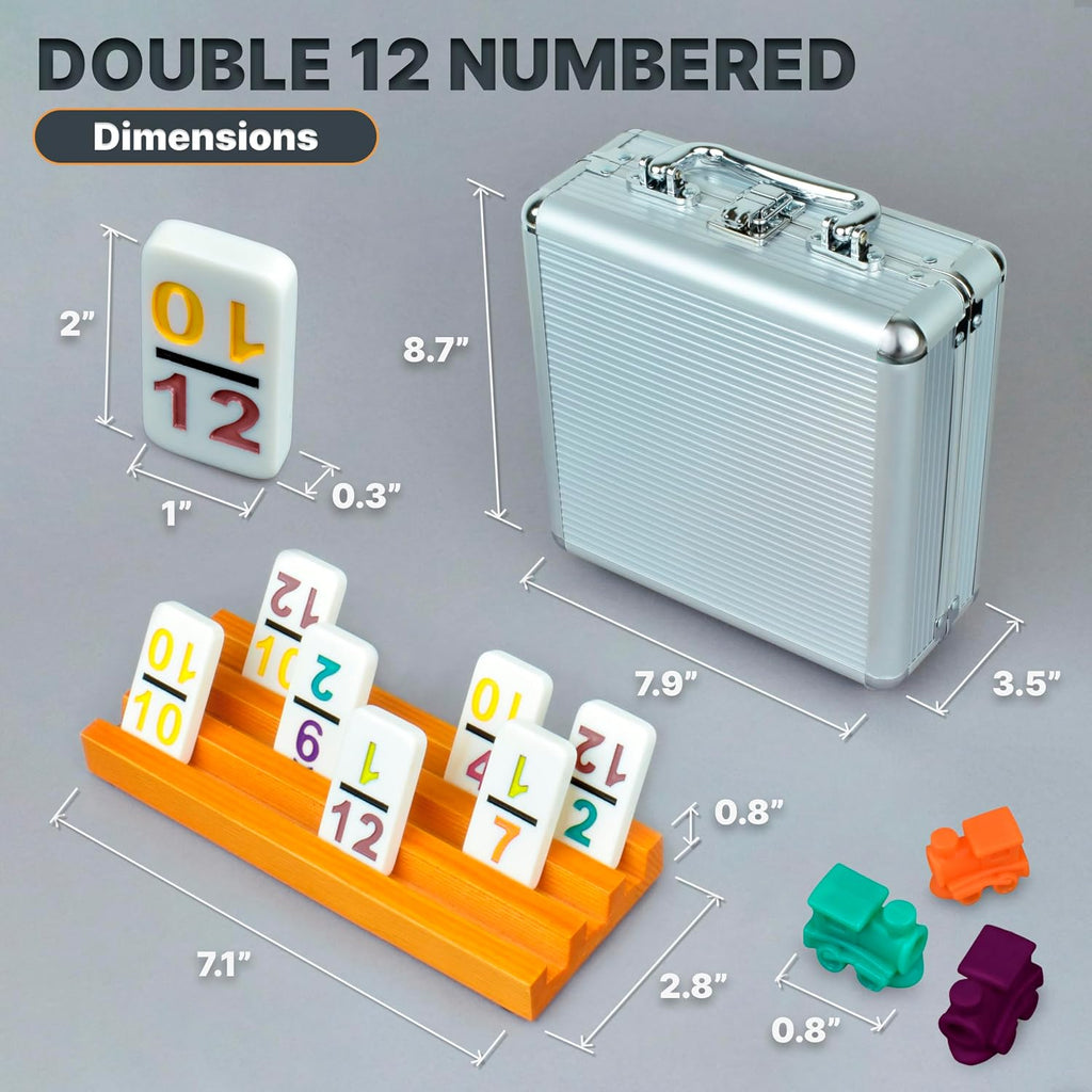 Mexican Train Dominoes Set with Numbers and 4 Holders - Wooden Hub and Domino Holders - Double 12 with Numbers (D12