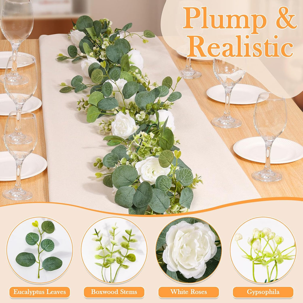 Artificial Eucalyptus Garland with White Roses Fake Greenery Flower - Set of 8