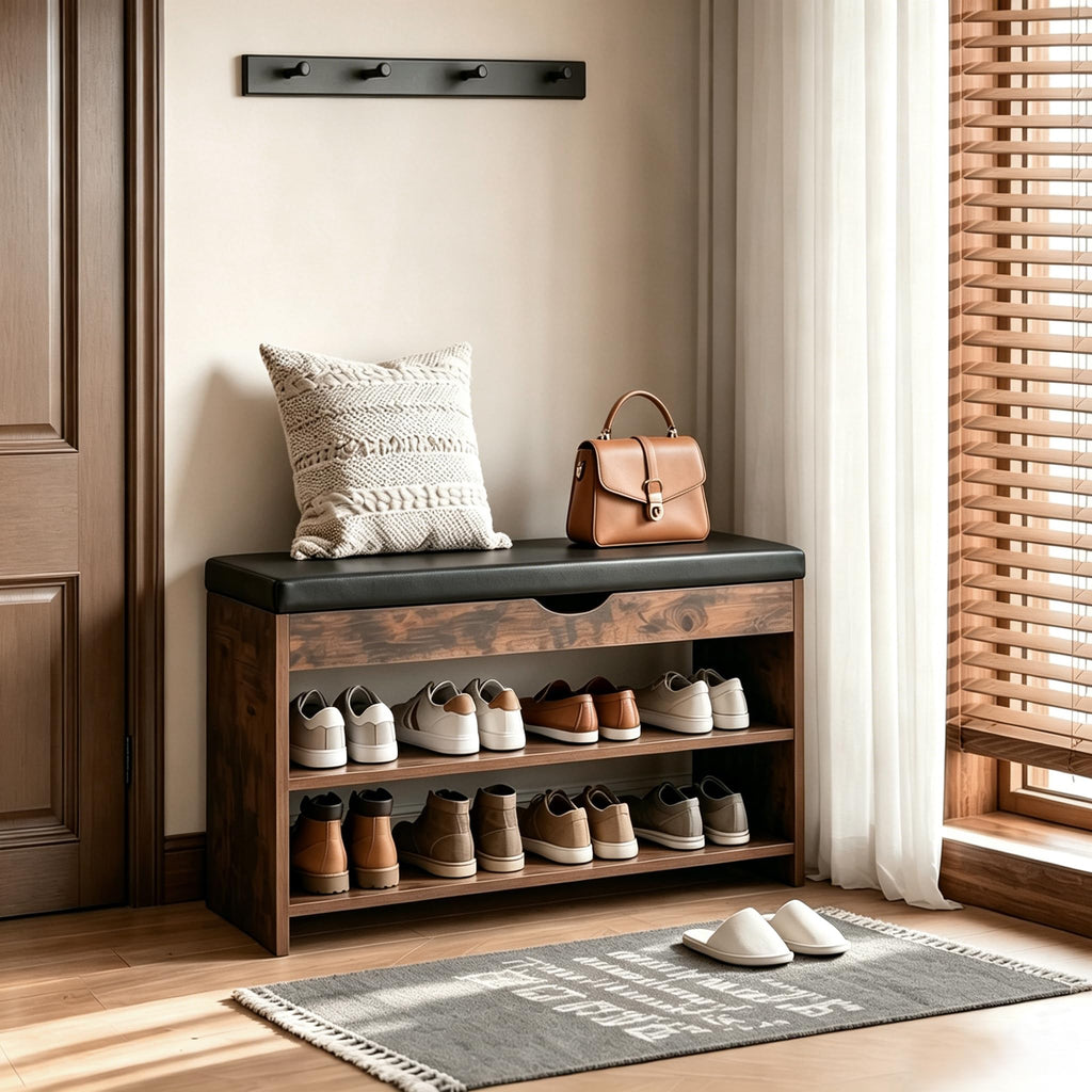 Shoe Rack Shoe Bench with Cushion Solid Wood Shoe Benches with 2 Shelves Shoe Organizer Bedroom Living Room Vintage