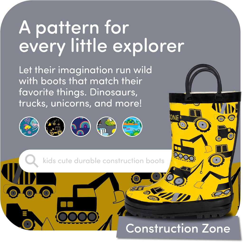Rain Boots with Easy-On Handles in Fun Patterns for Boys and Girls
