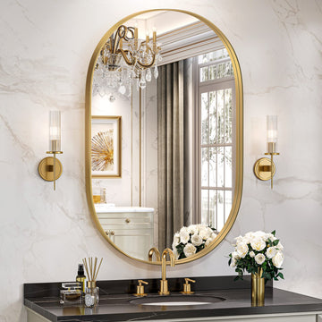 Gold Oval Mirror for Wall 24x36 Inch, Bathroom Vanity Mirrors Gold Metal Framed, Modern Mirror Living Room Wall