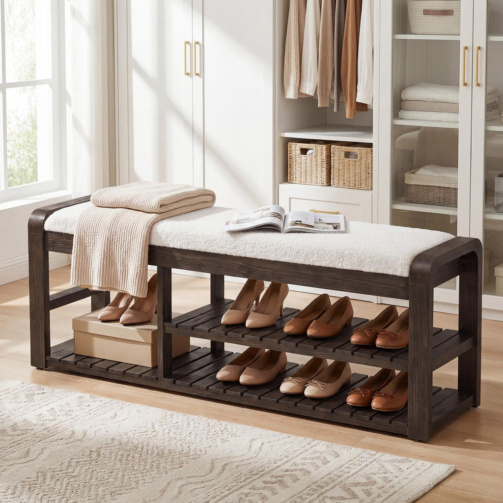 55" Shoe Storage Bench with Removable Cushion, 2-Tier Farmhouse Solid Wood Entryway Shoe Rack, End of Bed Storage