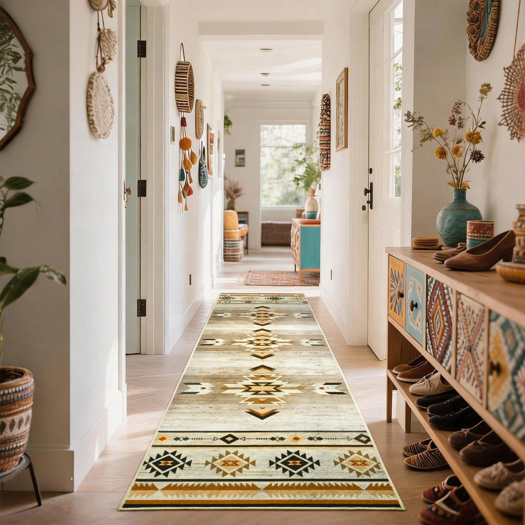 Western Hallway Runner Rug, Washable, Beige Brown