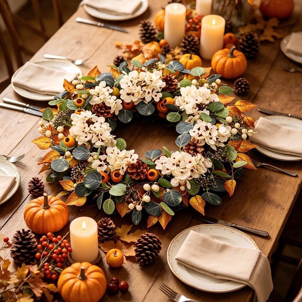 22 Inch Fall Hydrangea Wreaths for Front Door, Artificial Autumn Wreath with White Hydrangea, Eucalyptus, Berries