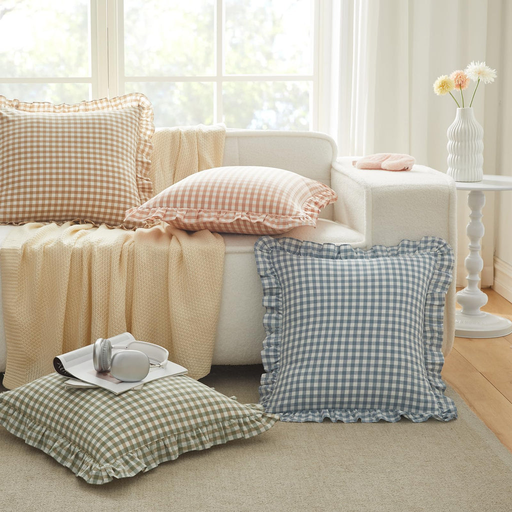 2 Pcs Ruffle Gingham Pillow Covers 20" x 20", Sage Green Plaid