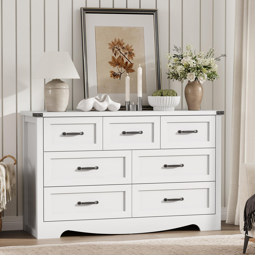 Dresser with 7 Drawers, 48" Wide Modern Chest of Drawers with Deep Drawers & Mental Handle, Wood Dresser TV Stand