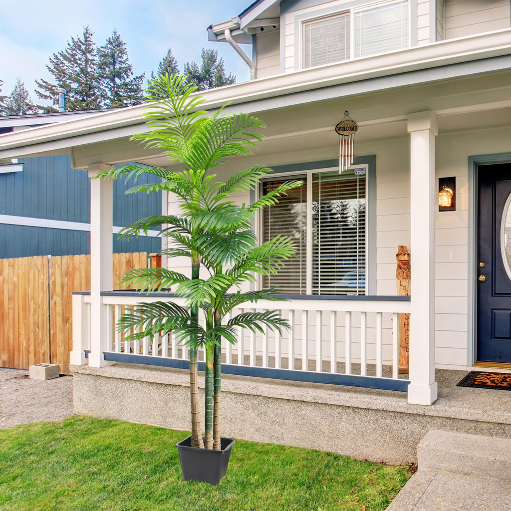 8FT Tall Artificial Golden Cane Palm Tree - Green Large Tropical Fake Palm Tree in Pot for Indoor/Outdoor, Patio