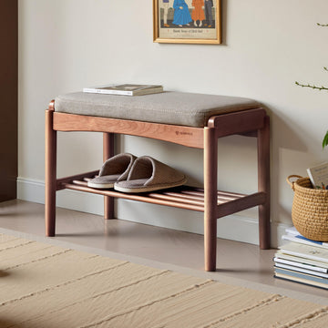 Solid Wood Shoe Bench, 24 Inch Entryway Bench with Gray Cushion