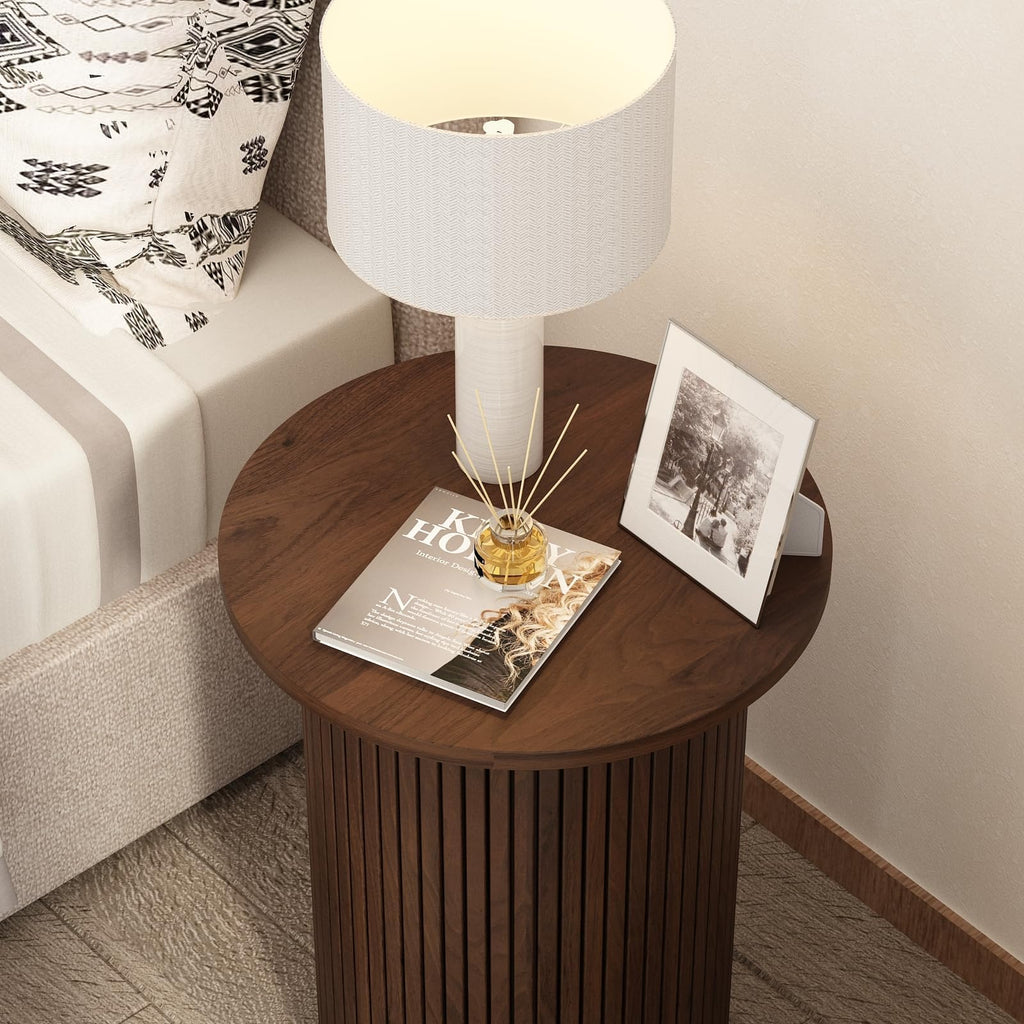 Round Fluted End Table, Small Accent Pedestal Side, Brown