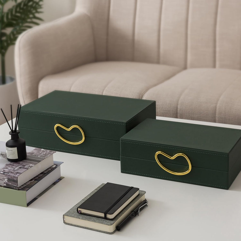 Faux Leather Boxes with Lids, Forest Green - Set of 2