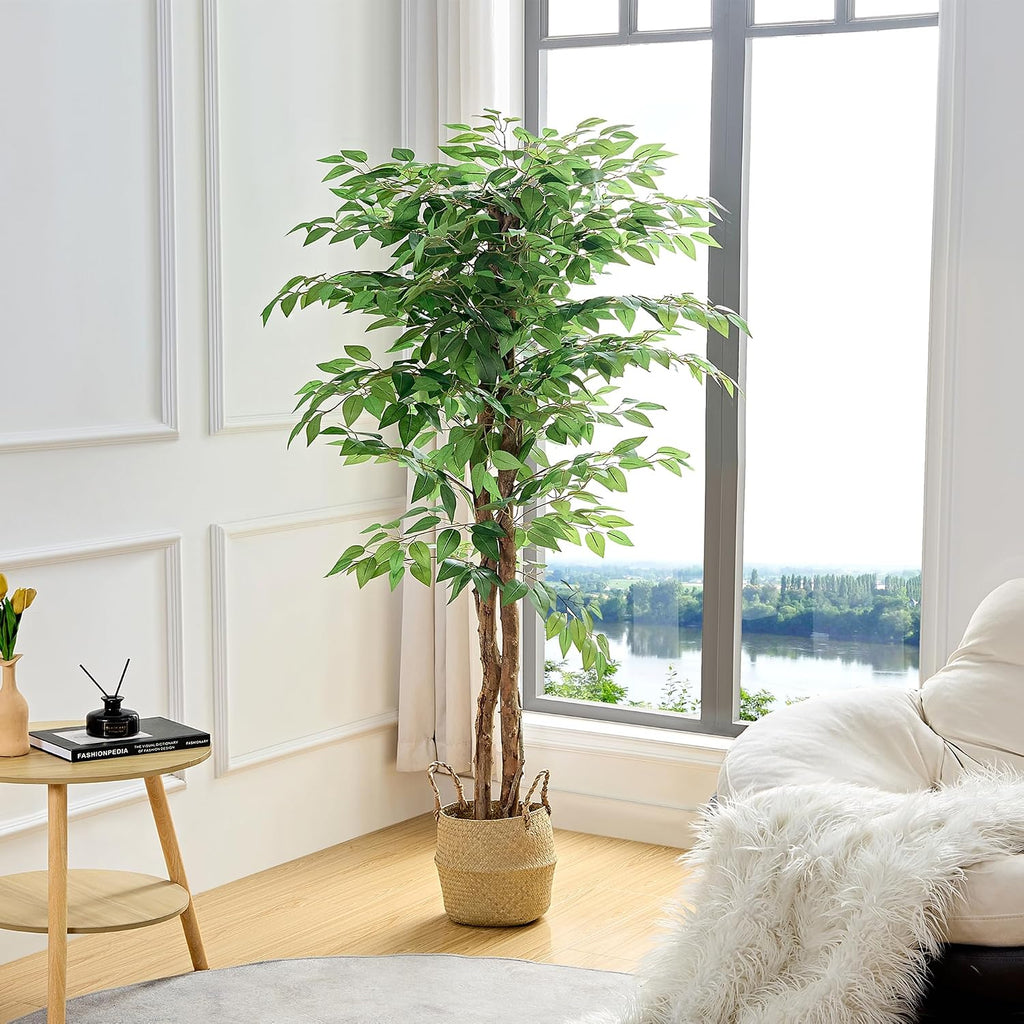 Ficus Tree Artificial 6 Feet, Tall Faux Tree in Pot, Fake Floor Plant with Realistic Tree Branch & Silk Leaves Indoor