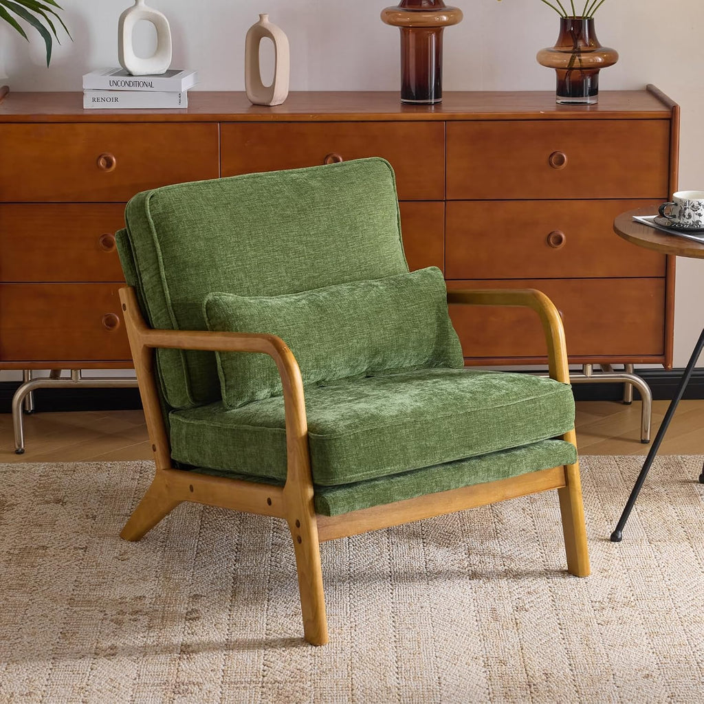 Mid Century Modern Accent Chair with Lumbar Pillow & Oak Arms - Plush Chenille Living Room Chair , Lounge (Olive