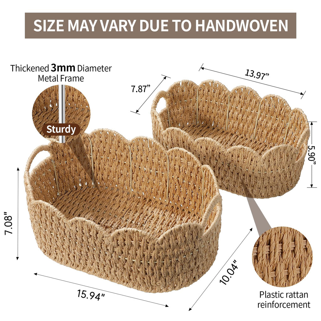 Paper Rope Scalloped Basket Set of 2, Wicker Storage Baskets for Shelves, Gifts, Books, Toys, Cute Decor Rattan Baskets