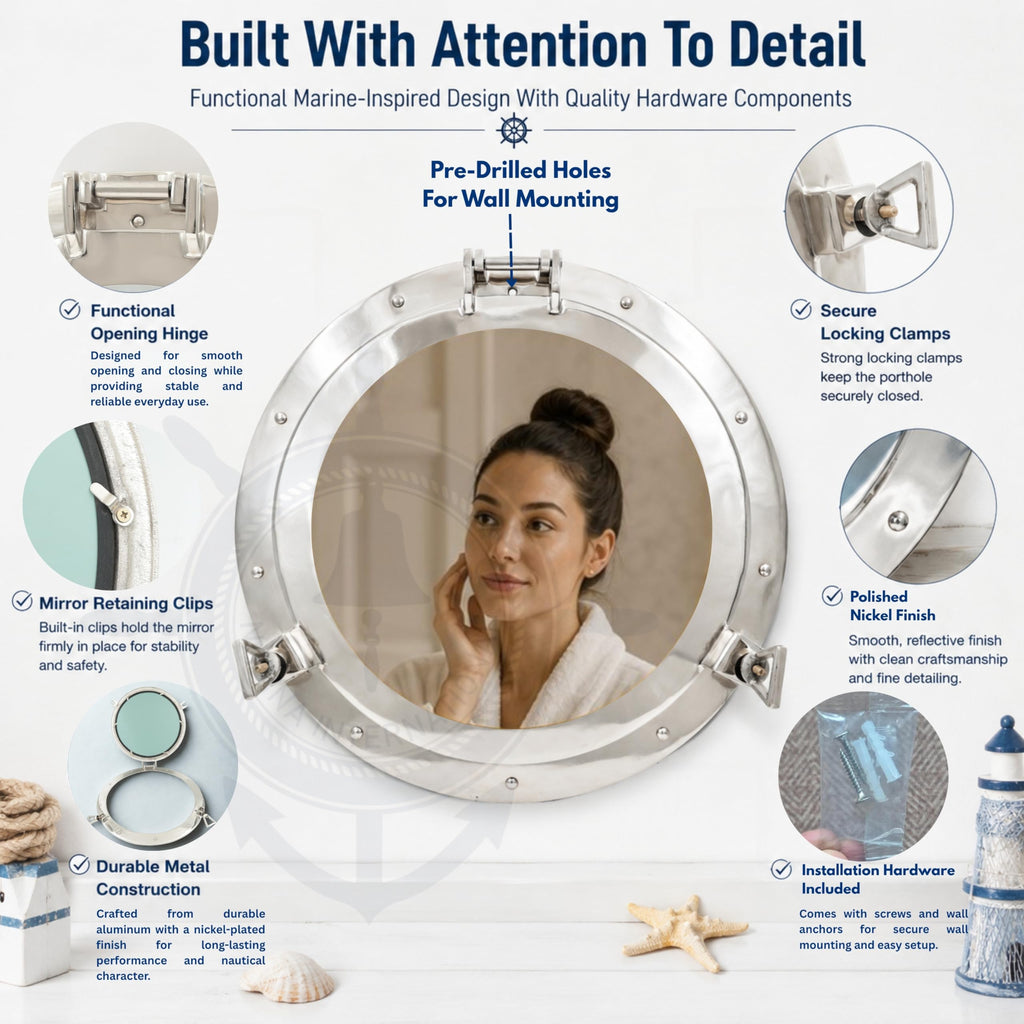 Metal Crafted Nickel Plated Aluminum Porthole Bathroom Decor Mirror (15 Inches)