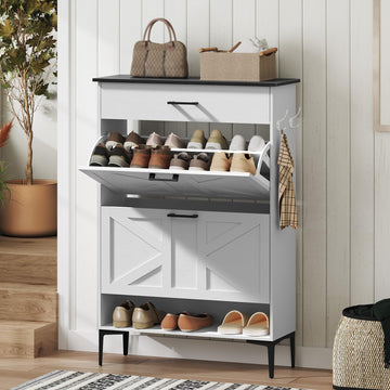Shoe Cabinet with 2 Flip Drawers, Farmhouse Shoe Storage Cabinet, Freestanding Narrow Shoe Organizer Cabinet with
